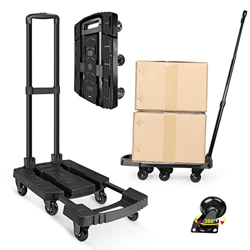 Folding Hand Truck 530Lbs Heavy Duty Luggage Cart Utility Dolly Portable Platform Handcart With 360°Rotation 6 Wheels Extendable Large Base Plate Telescoping Handle For Moving Travel Shopping(Black) #TOP28
