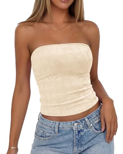 BTFBM Tube Tops for Women Summer Clothes 2026 Backless Strapless Flower Lettuce Trim Slim Fit Going Out Bandeau Top(Apricot, Small)