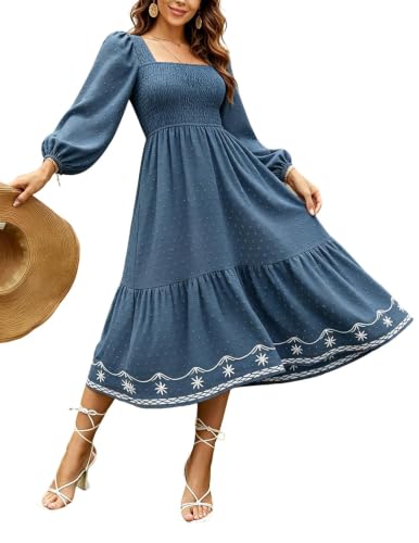 KUNJLELP Vestido Midi Casual Mujer Escote Cuadrado Manga Larga Bordado,XL,Azul