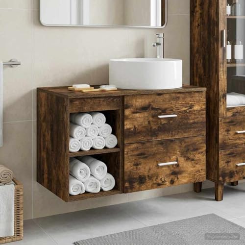 Muebles de baño de roble ahumado con tocador y armario auxiliar de 2 piezas 3