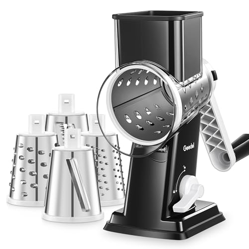 Image of Geedel Rotary Cheese Grater - Upgraded Vegetable Shredder with 4 Interchangeable Blades, Easy to Clean Cheese Shredder with Handle, Kitchen Grater Nuts Grinder for Cutting Cheese, Vegetable, Nuts