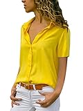 Minetom Damen Chiffon Kurzarm Blusen V Ausschnitt Mode T-Shirt Oberteile Elegant Hemd Top Einfarbig Kurzarm Bluse Casual Sommer Knopf Tunika Gelb 38