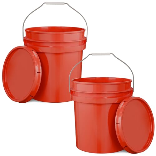 EconoHome 5-Gallon Red Bucket Pail Container with Lid | Metal Handles with Plastic Grip for Easy Carrying | Easy Stack and Store | Heavy-Duty Extra Durable | Food Grade | BPA Free - 2 Pack