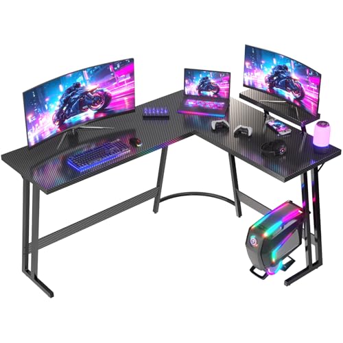 JUMMICO Bureau Gaming en L 170x130cm - Bureau d'angle avec Support Écran Réversible - Polyvalent (Jeu/Travail/Étude) - Stabilité Maximale & Nettoyage Facil - Revêtement Carbone - Noir
