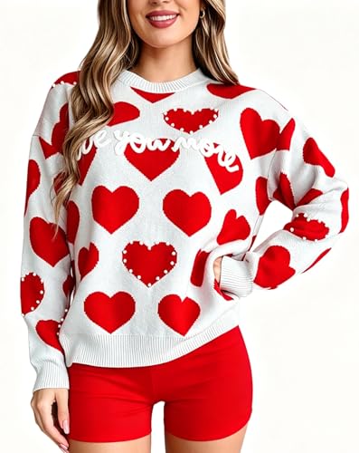 Image of Women's Cute Heart Sweater Love Print Valentine Romantic Knitted Top Casual Crewneck Long Sleeve Sweaters Pullover