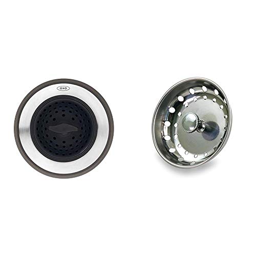 OXO Good Grips 2-in-1 Sink Strainer Stopper,Black,Sink Strainer with Stopper & HIGHCRAFT Kitchen Sink Basket Strainer Replacement for Standard Drains (3-1/2 Inch) with Rubber Stopper, 3.25