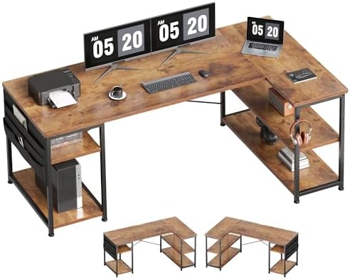 （12:00時点） YeTom l字デスク ゲーミングデスク デスク 幅150cm pcデスク コーナーデスク 棚板高さ調節可能 収納袋付き L字型 PC 勉強机 作業 在宅勤務 リモートワーク ゲーム 書斎 収納ラック付き ビンテージ