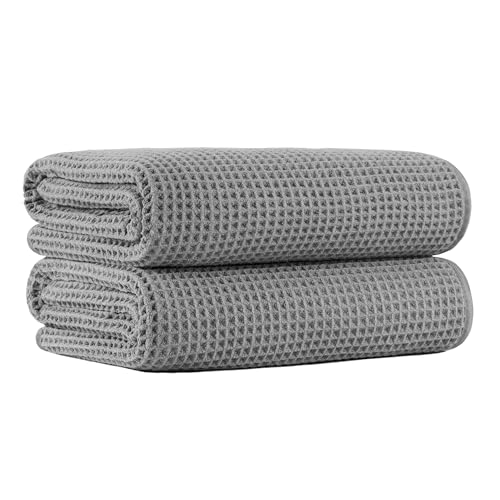 MICROFI New Microfiber Waffle Bath Towels, 2 Pieces, Oversized, Soft, Absorbent, Fast Drying, Lint Free (Gray)