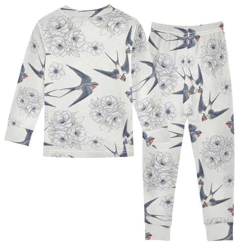 Pajama Sets Long Sleeve Birds Flowers Pattern Soft Comfy Sleepwear 2 Piece PJS 3-8T3