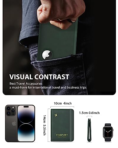 Image of Stouchi AirTag Passport Holder, Green, 0.6 inch x 4 inch x 5.5 inch, Fashion Simple Slim Multiple