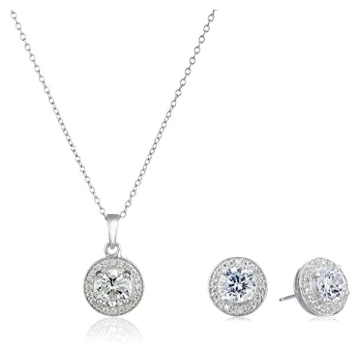 Amazon Collection Sterling Silver Cubic Zirconia Halo Pendant Necklace and Stud Earrings Jewelry Set