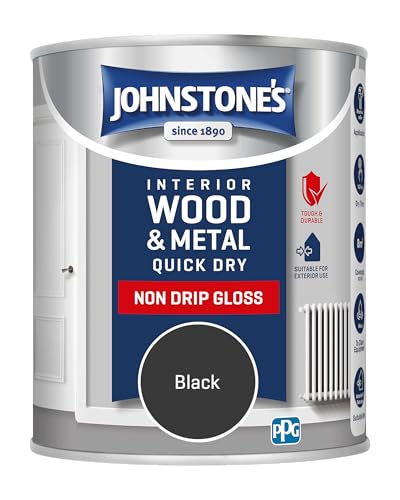 Johnstones - Quick Dry & Non Drip Gloss Paint for Wood & Metal - Black | Interior & Exterior | Low Odour Water-Based Formula Dry in 1-2 Hours | 10m2 Coverage per Litre | 750ml