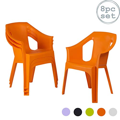 Resol 8 Piece Cool Plastic Garden Chair Set - Stackable UV Resistant Outdoor Patio Armchair - Orange