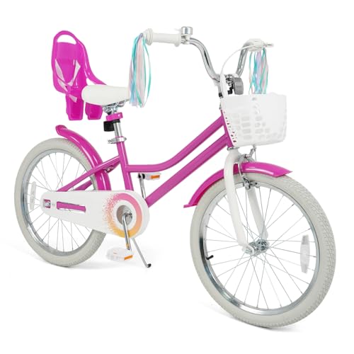 Image of BABY JOY Girls Bike with Streamers & Doll-Seat, Kids Bike for 3-8 Years Old | 12 14 16 18 20 Inch Children Bicycle w /Detachable Training Wheels or Kickstand, Storage Basket, Adjustable Seat and Handlebar