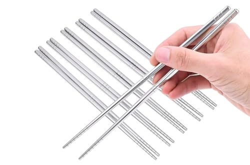 Stainless Steel Chopsticks Set Reusable Non-Slip Round Shape Silver 10 Pieces