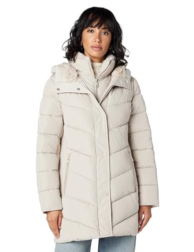 Calvin Klein Women's Winter Puffer Coat – Cozy Faux Sherpa Lined Hood with Inset Bib, Long Quilted Jacket, Barley, S