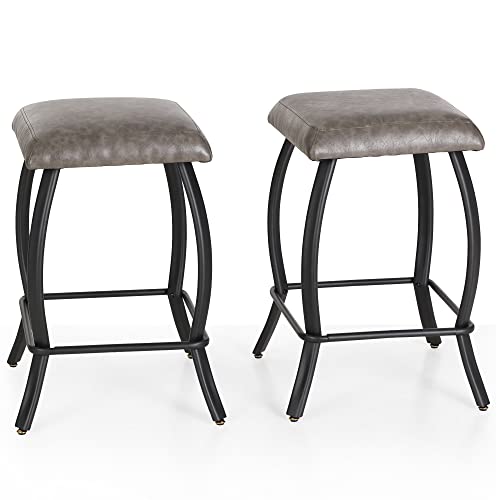 Alpha Home 26" Bar Stools Counter Height Bar Stools With Footrest Pu Leather Backless Kitchen Dining Cafe Chair With Thick Cushion & Sturdy Chromed Metal Steel Frame Base For Indoor,Grey,2Pcs #TOP5