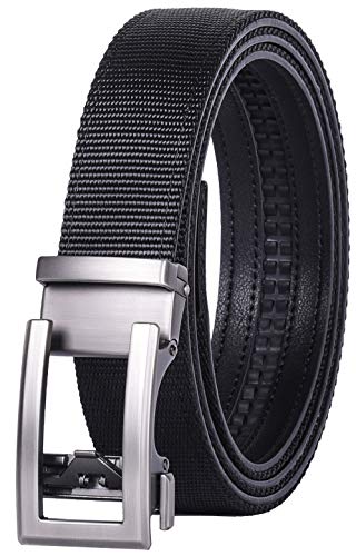 Web Belt for Men & Women & Boys-No Holes Adjustable Nylon Leather Ratchet Belts with Metal Buckle (Black Nylon Belt 230, Waist Size:26-36
