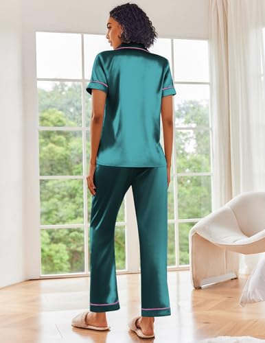 Image of Ekouaer Silk Satin Pajamas Set Women Short Sleeve Sleepwear Soft Button Down Loungewear Pjs Set Green Pink