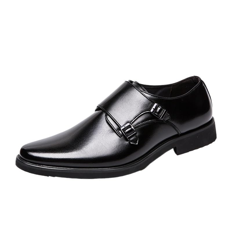 Dress Double Monk Shoes for Men's Non Slip Rubber Sole Low Top Shoe for Business Office Party Wedding Burnished Leather Slip-on Uniform Round Toe