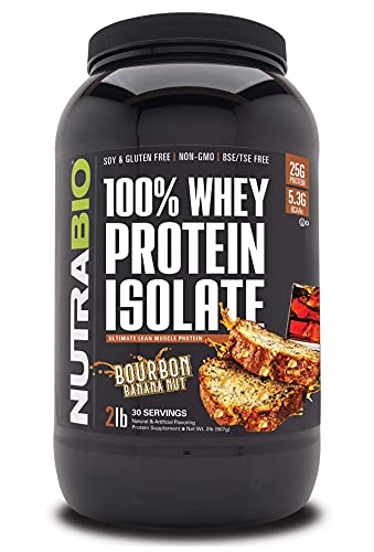 NutraBio 100% Whey Protein Isolate - Complete Amino Acid Profile - 25G of Protein Per Scoop - Soy and Gluten Free - Zero Fillers, Non-GMO, Protein Powder - Bourbon Banana Nut, 2 Pounds