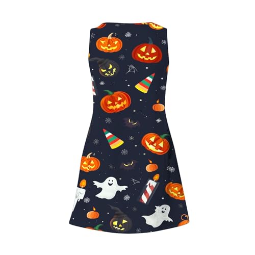 Vestidos femininos midi com estampa de abóbora, caimento solto, sem mangas, gola V, festival, Hallow