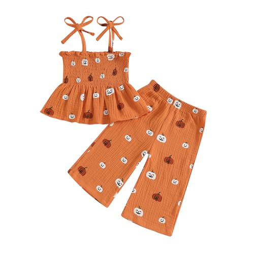 Image of VISGOGO Halloween Toddler Girl Outfit Pumpkin Smocked Tie-up Spaghetti Strap Tops Leg Pants Halloween Baby Girl Clothes (Orange, 2-3T)