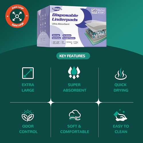 Image of MILDPLUS Disposable Bed Pads 36'' X 36'' Heavy Duty Underpads Extra Large Incontinence Pads for Unisex Adult, Senior, Kids and Pet (50 Count)