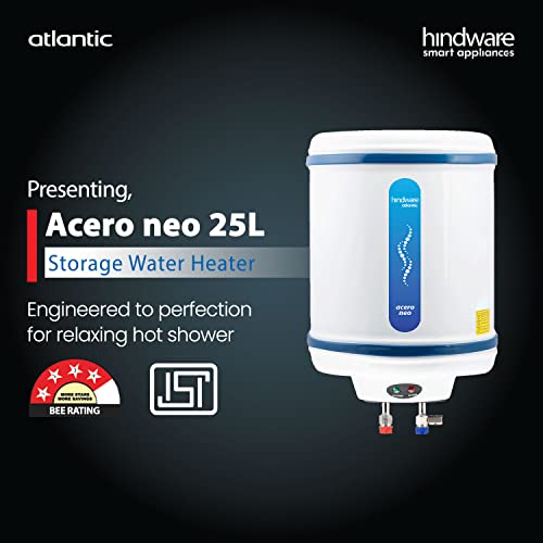 Image of HINDWARE SMART APPLIANCES Atlantic Acero Neo 25L 2KW Storage Water Heater| SS Tank | 3 Star BEE Rating| White & Blue