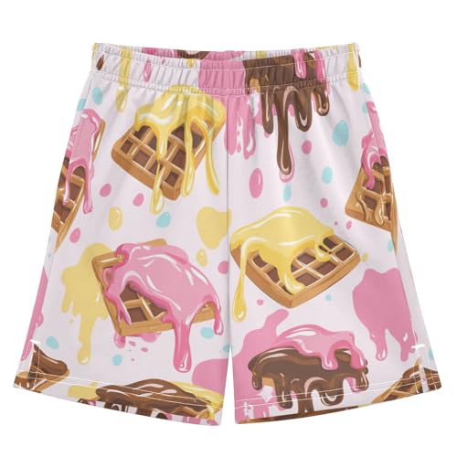 DOMIKING Waffle Drips Pink Kids Shorts Pull-on Boys Shorts with Elastic Waist Casual Athletic Pants for Summer Playwear