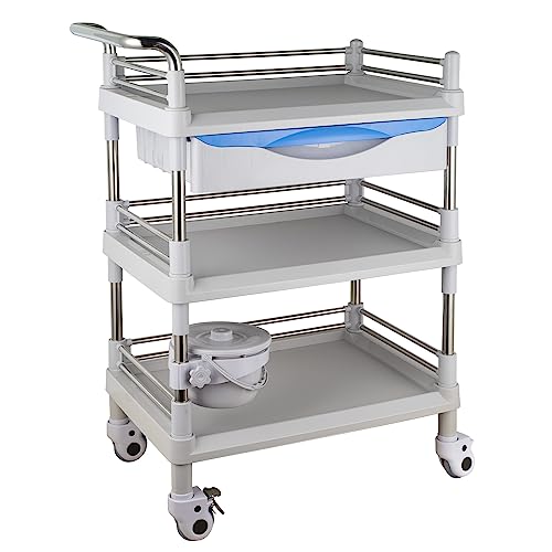 Multilayer Medical Utility Cart with Drawer & Waste Bucket, Stainless Steel Frame Rolling Cart, Heavy Duty ABS Shelves for Hospital, Clinic, Lab, Salon, Home Care (2
