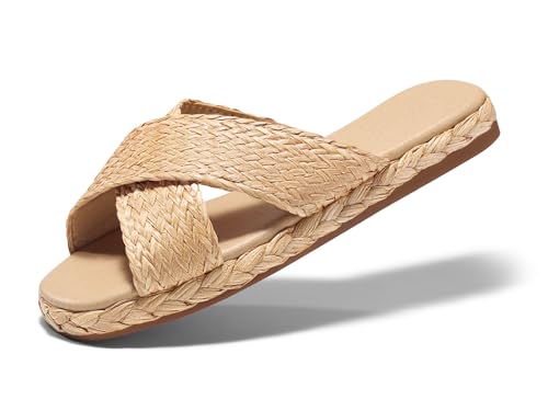 Coutgo Womens Flat Sandals Espadrilles Raffia Open Toe Slides Cross Strap Slip On Summer Dressy Beach Shoes,Size Fits Large