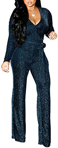 LightlyKiss Women's Sexy Sparkly Deep V-Neck Jumpsuits Long Sleeve High Waist ClubWear Loose Pants with Belt Blue