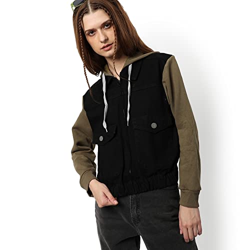Image of Campus Sutra Women Black & Olive Green Regular Fit Denim Jacket For Winter Wear | Collared Neck | Full Sleeve | Buttoned | Casual Jacket For Woman & Girl | Western Stylish Jacket For Women