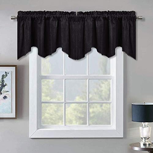 Blackout Scalloped Valance for Window - Luxury Velvet Curtain Tiers Thermal Insulated Privacy Drapes, Extra Wide and Short Window Treatment for Backdrop/Office, Black, 52 x 18-inch, 1 Pc