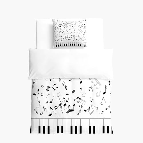 Hixingo Lindo Ropa de Cama 2 Piezas para Niños,3D Nota Musical Estampado Funda Nordica y Funda de Almohada,Ropa de Cama de Microfibra (Blanco Negro,150x200+50x75 cm)