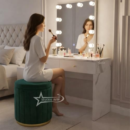 Image of Round Strip Stool with Cushion Foot Rest Office Stool Pouf Ottoman Padded Seat in Living Room - Green