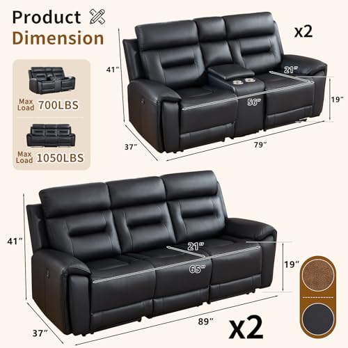 Image of ANJ 3-Piece Faux Leather Power Recliner Sofa Set with USB&Type-C Charging Ports, Include Loveseat Sofa with Hidden Storage & Cup Holders and 2 3-Seater Reclining Couches for Living Room, Black
