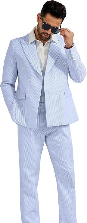 Men's Leisure Striped Seersucker Double Breasted Slim Fit Lightweight Tuxedo Summer Beach Suits4