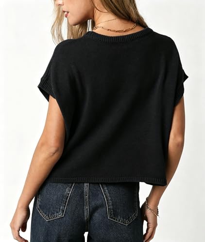 Image of Womens American Flag Sweater Cap Sleeve Summer Crop Tops Crew Neck Loose Fit Knit Sweater Pullover Top