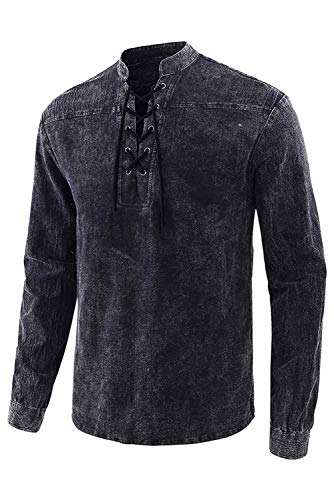 Hainnum Mens Tie Dye Lace-Up Shirt Medieval Retro T-Shirt Casual Tunic Tops Tee Long Sleeve Outfits (X-Large, Black)