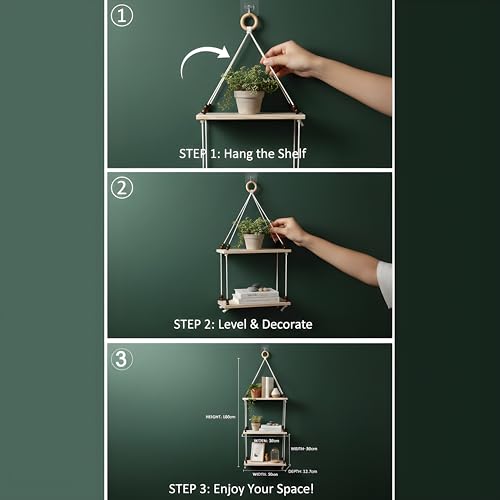 Image of 3Tier Hanging Shelf with Magic Hook, Use Decor Plants, Books, Decorative Gift Items Nursery Livingroom Wooden Beads & Ring Woven Bohemian Chic for Dorm