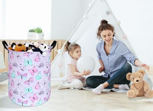 Image of Kids Laundry Hamper Clothes Gift Basket Storage Laundry Baskets Organizer Bin with Handles for Nursery Room (Purple Butterfly)