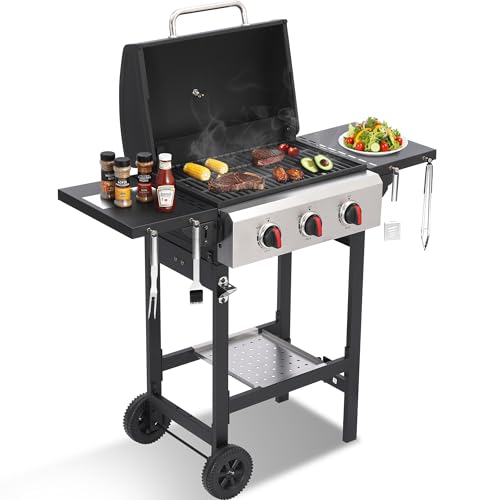 IdeaMaxx 3-Burner Propane Gas Grill with Cast Iron Grates, 38200 BTU output,Foldable Side Shelves for Portable Outdoor Patio Camping, Black (3 Burner)