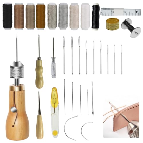 Mocrop Kit Couture Cuir 34 Pièces avec Aiguille Courbe, Poinçon, Anneau en Laiton, Pour...