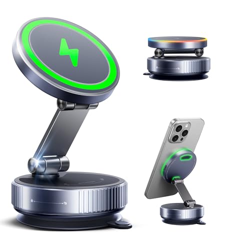 Magnetic Phone Charging Holder Mount for Car, 360ยฐ Vacuum Magnetic Phone Holder, Qi1 15W Fast Wireless Charger for car Magsafe Suction Cup Phone Mount for iPhone 17 Pro Max Air 16-12 & Android