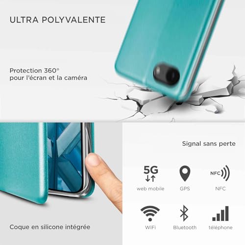 Étui de protection à rabat iPhone 16e bleu menthe en cuir synthétique fin