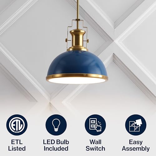 Image of JONATHAN Y Homer Industrial Dome Pendant 13 inch, Navy /Brass Gold | 1-Light, Farmhouse Style, Adjustable Hanging Height, Glass Diffuser, Sloped Ceiling Compatible, Metal, LED Bulb Included