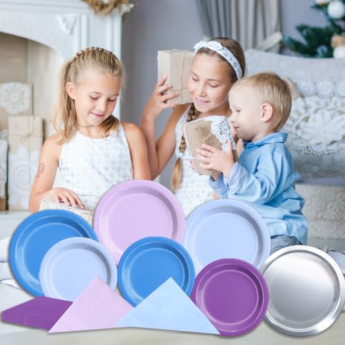 Image of CMUSKO Winter Wonderland Decorations - 60Pcs Blue Purple Snowflake Plates & Napkins Set Winter Wonderland Tableware for Birthday Christmas New Year
