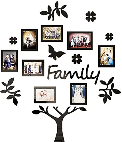 ChezMax 3D Wall Decal Self Adhesive Family Tree Photo Frame Collage Waterproof Acrylic Wall Art Removeable Wall Sticker DIY Wall Mural for Living Room Black 26.9"x31.5" with 8 pcs 3.93" Picture Frame
